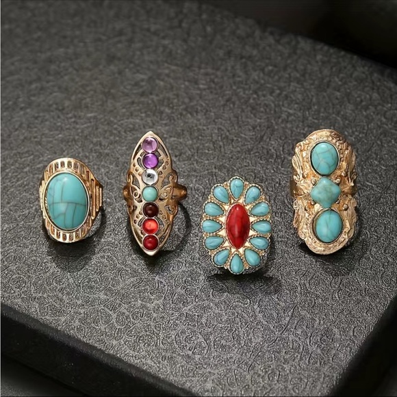 Boho Style Gold and Turquoise Stackable Ring Set - Picture 5 of 8